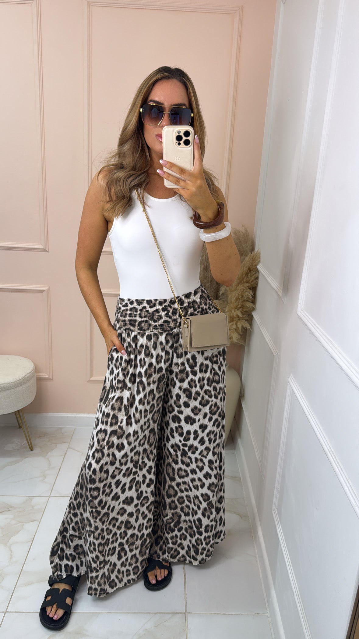 SARA leopard print wide leg trousers