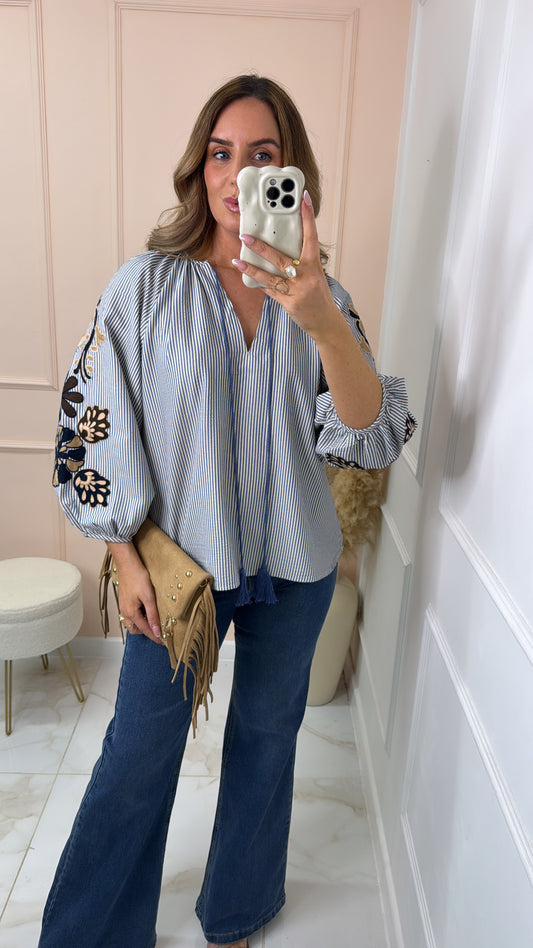 EMMA blue floral embroidered boho blouse