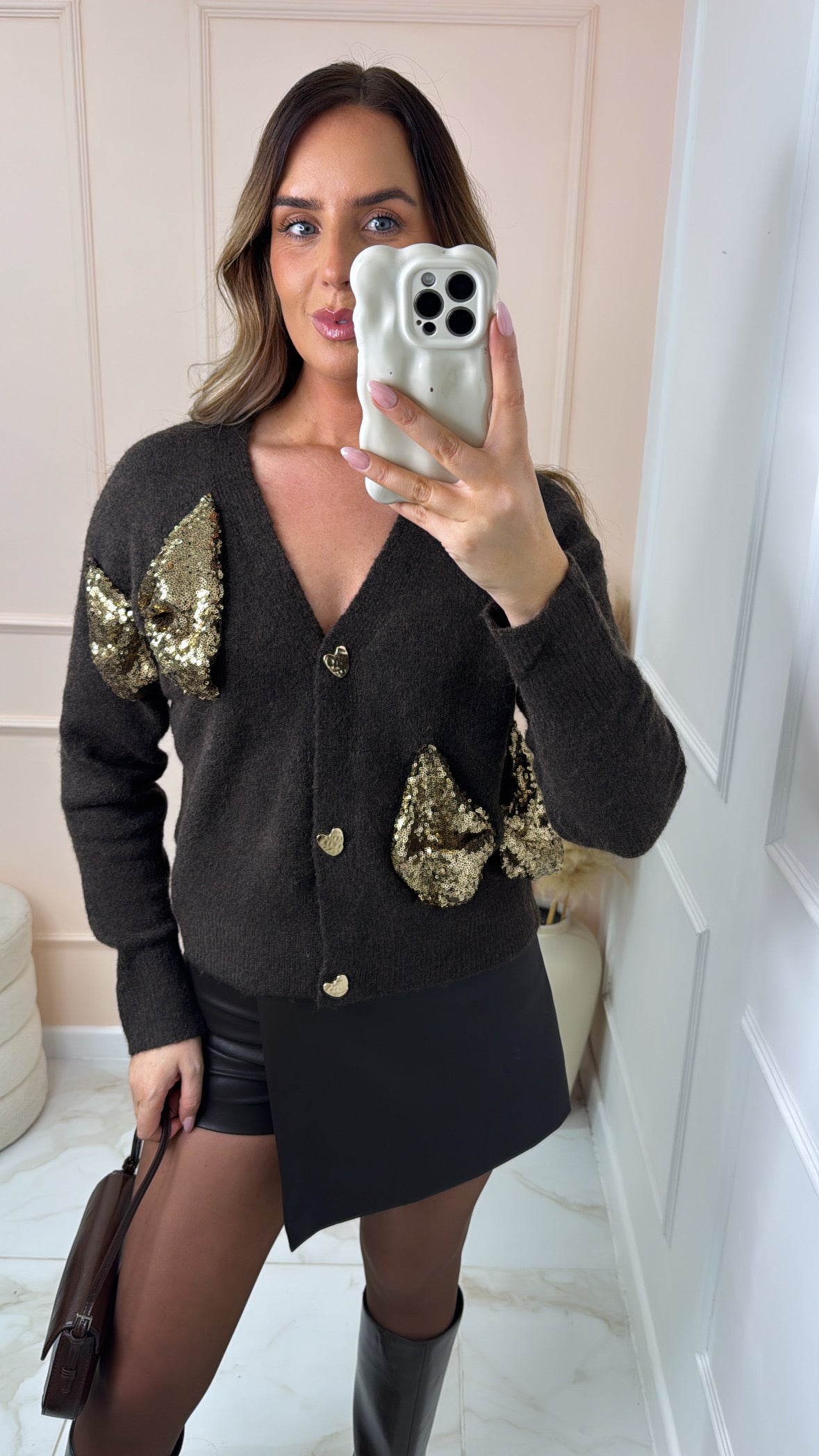MARNI chocolate sequin bow cardigan