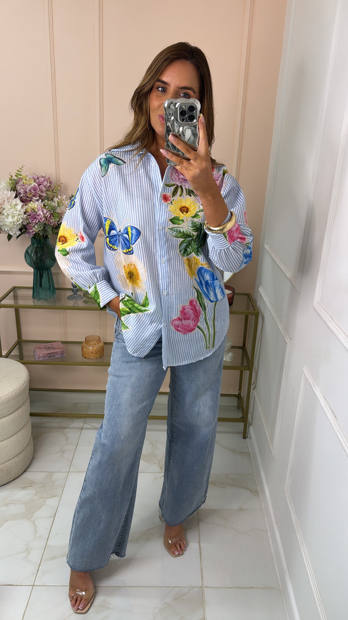 LOLA blue floral metallic stripe blouse