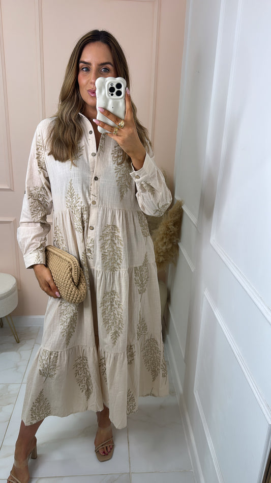 LILY beige embroidered paisley tiered dress