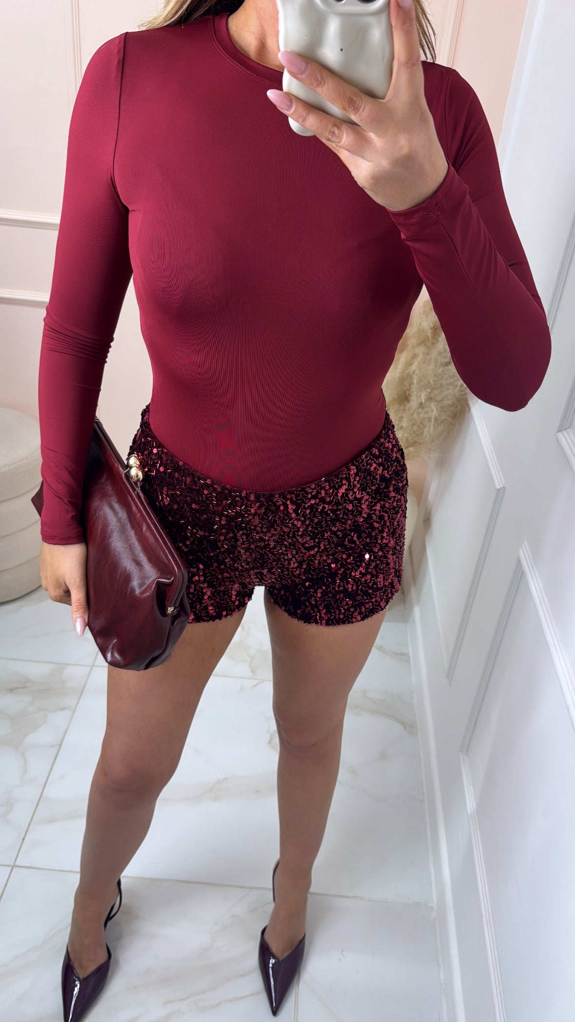 ALLEGRA burgundy sequin mini shorts