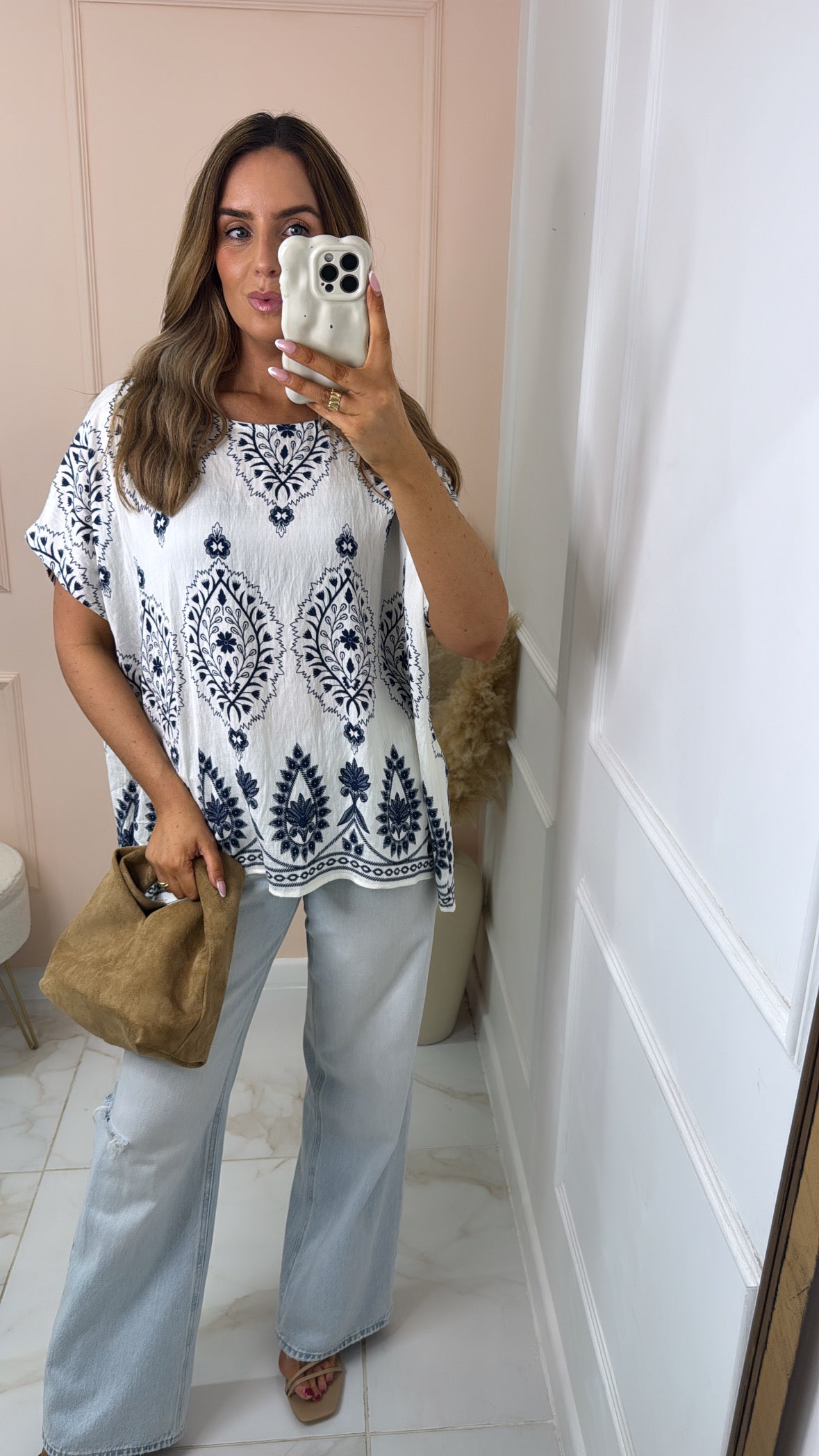 EVIE white paisley linen blend boxy blouse