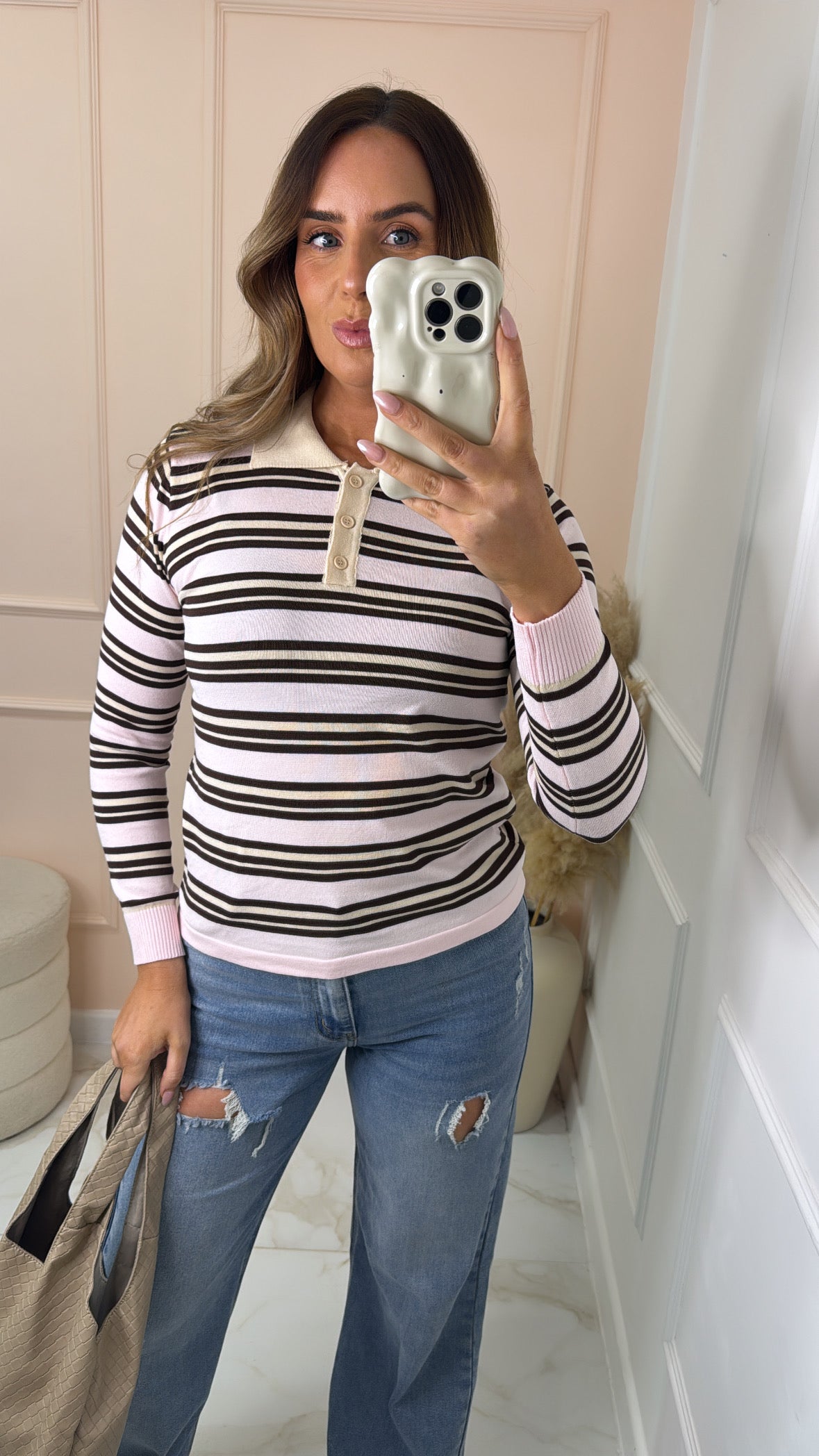 ALICE pink striped collared knit jumper