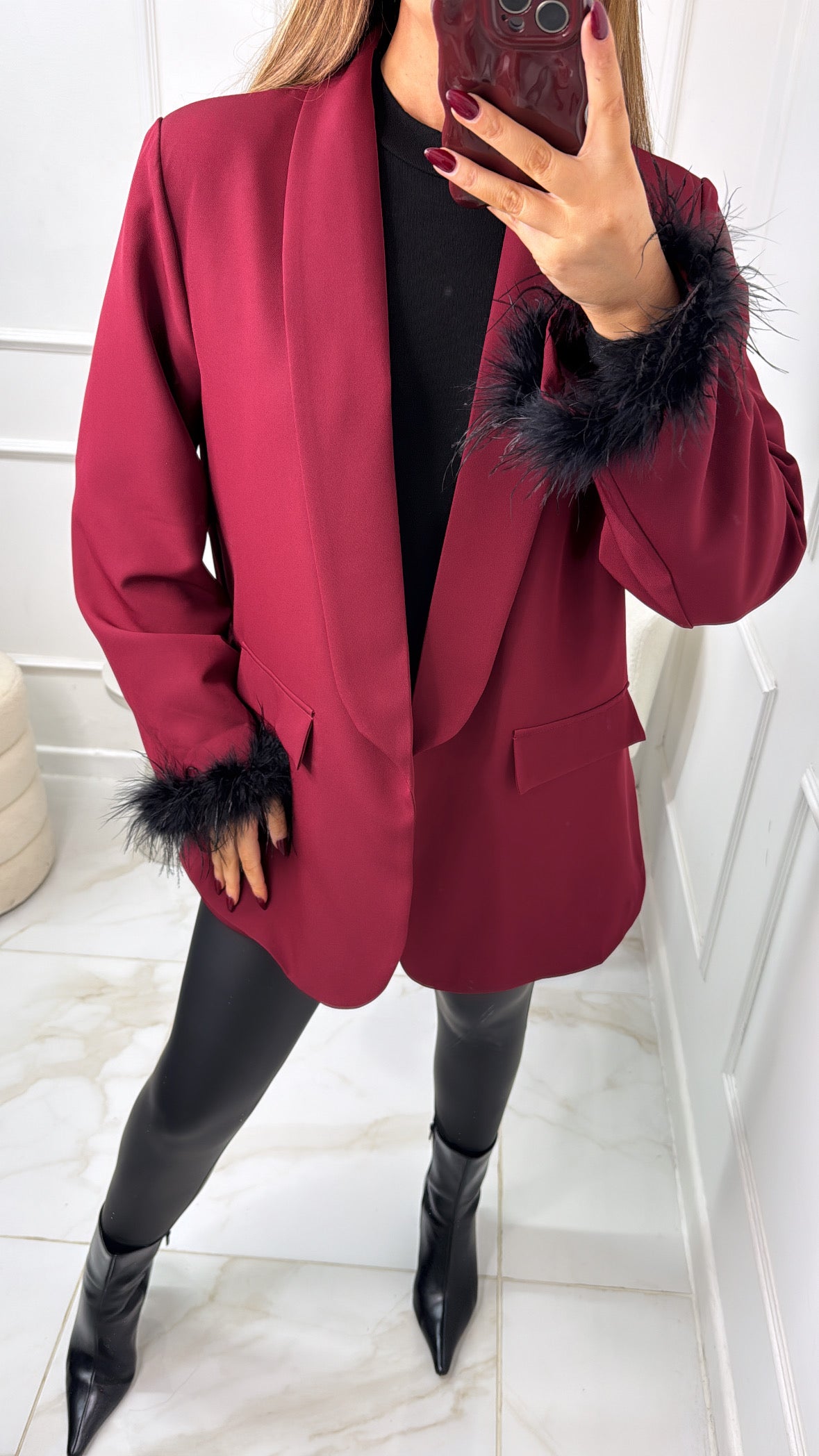 EMILY burgundy feather cuff longline blazer