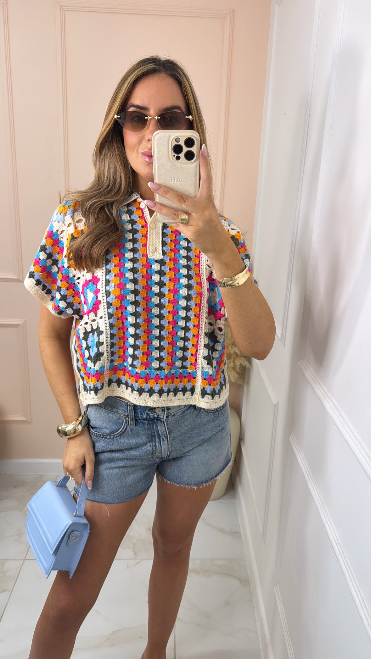 JUNIE multi crochet short sleeve collared top