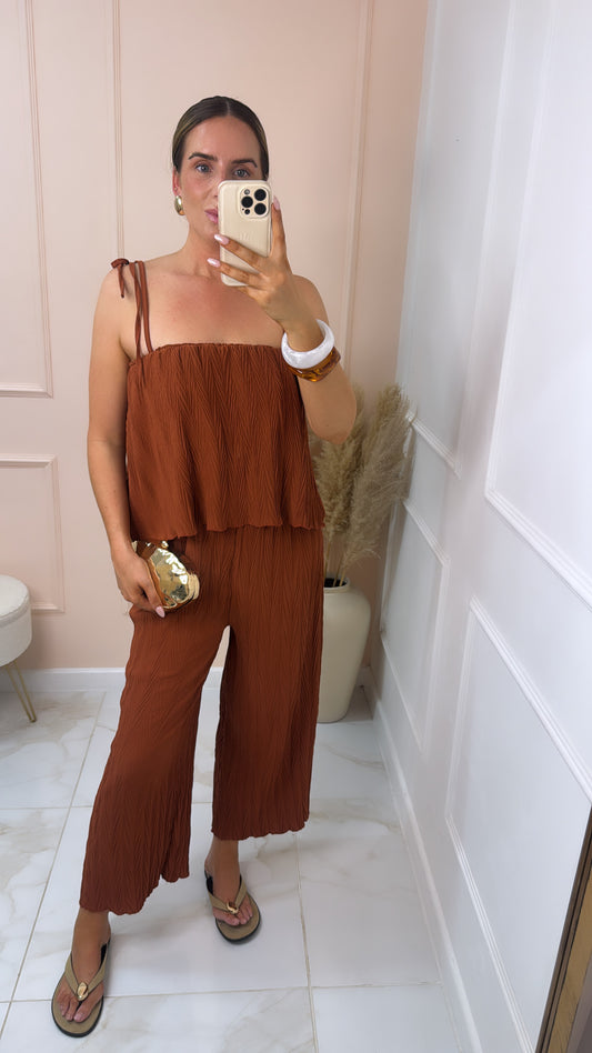 MAURA rust crinkle tie shoulder jumpsuit
