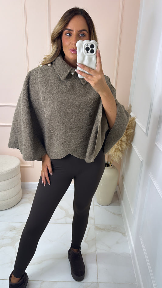 ESME taupe gold button wrap cape