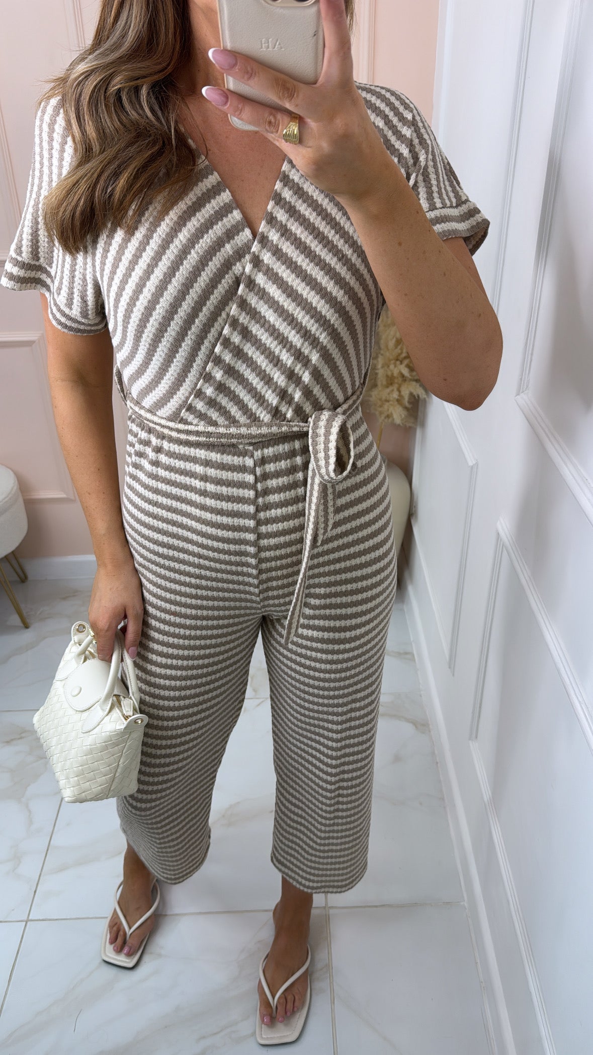 LAURA beige striped wrap belted jumpsuit