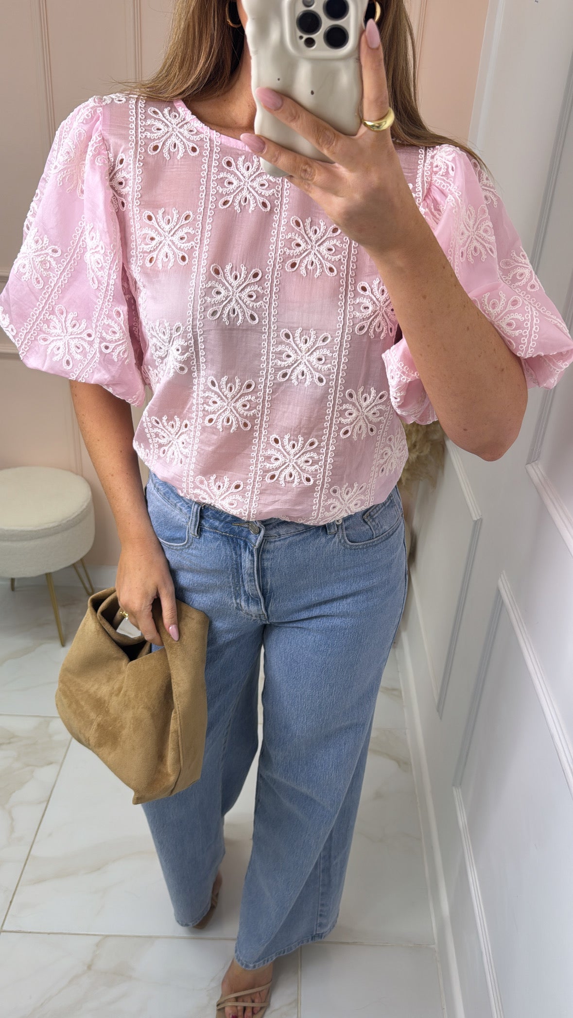 JONIE pink embroidered puff sleeve top