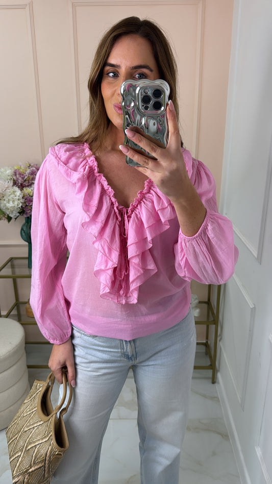 ALORA pink ruffle cotton blouse