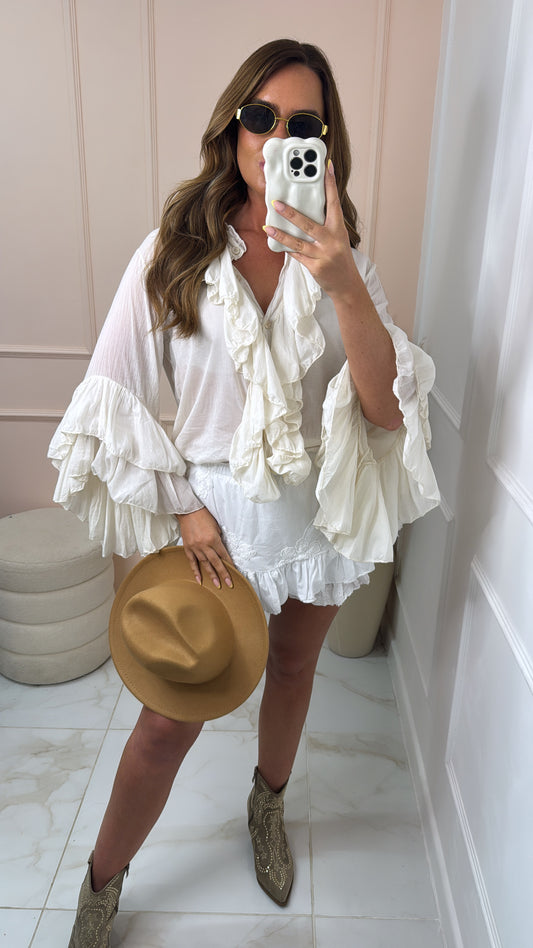 AALIYAH beige ruffle trim button up blouse