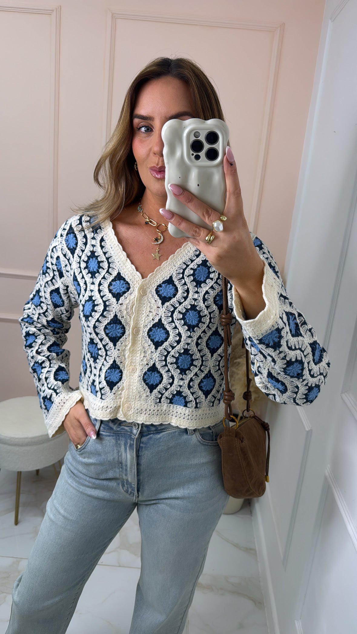 RAINE blue geo print crochet cardigan