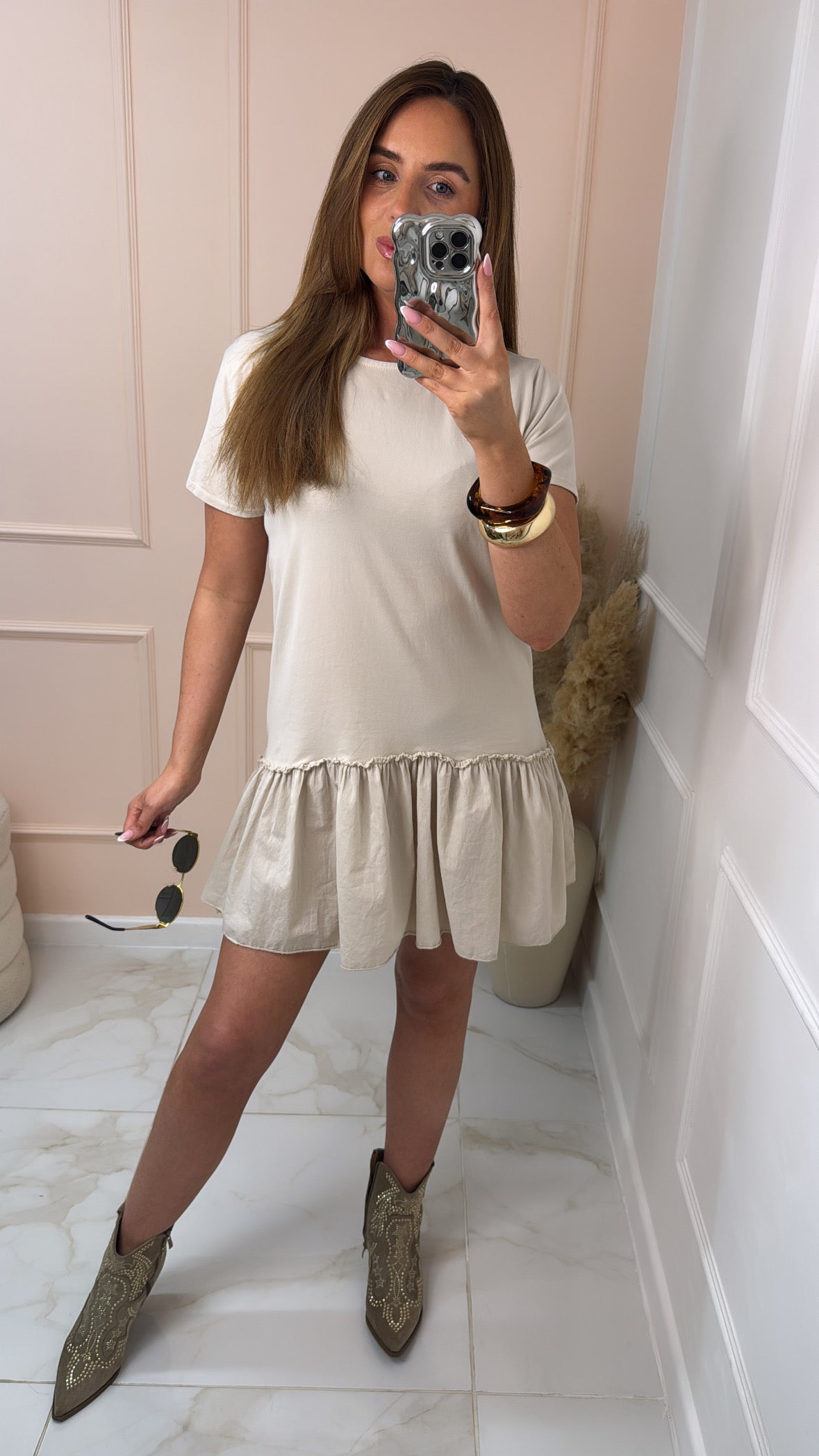 ISLA beige tiered frill tshirt dress