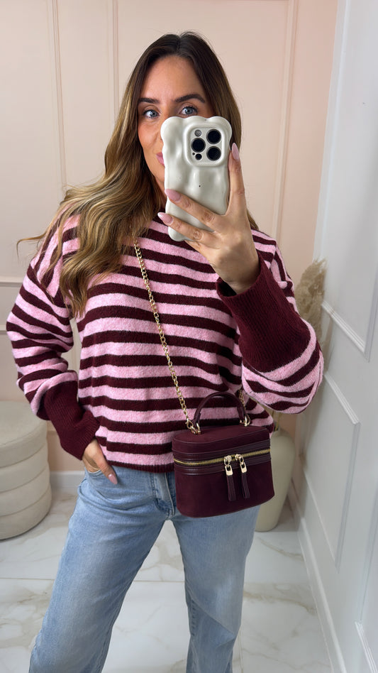 SIAN burgundy & pink stripe jumper