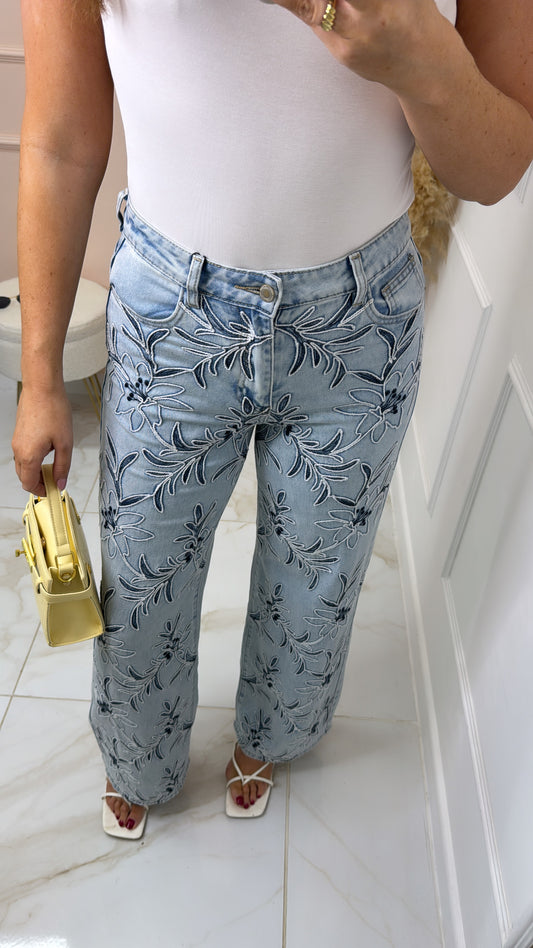 BELLE light wash floral embroidered jeans