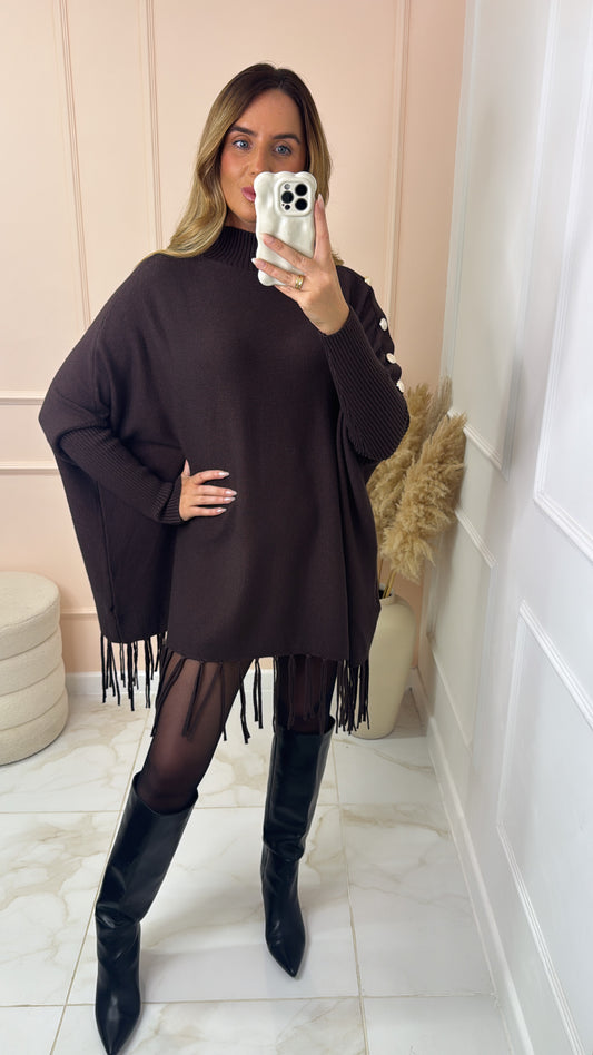 MERCY brown fine knit fringed jumper