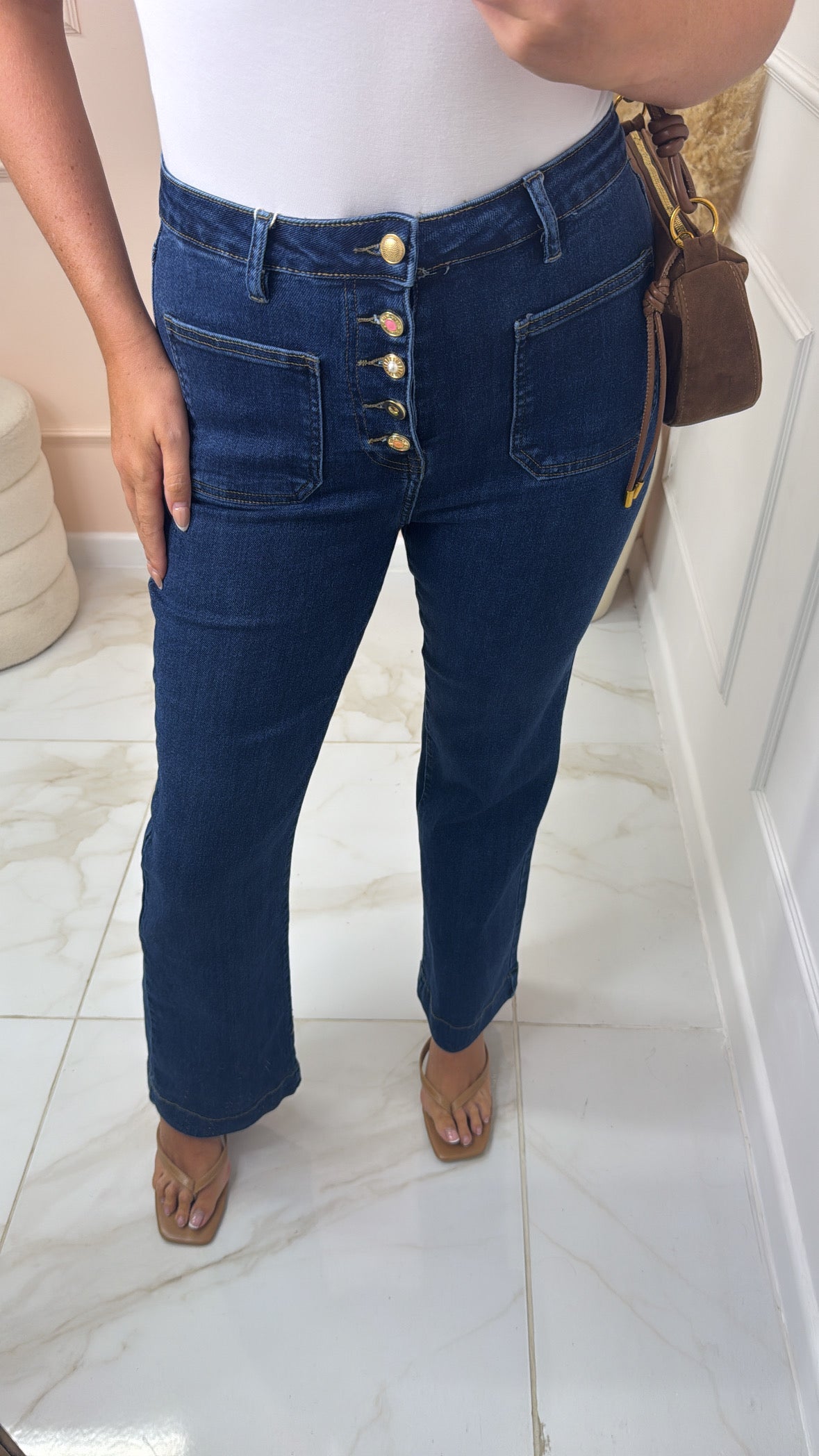 ELLIE dark wash button detail wide leg jeans