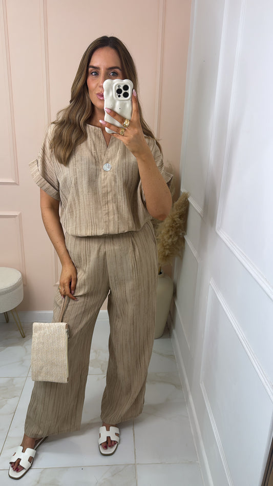 EMILY taupe tie dye button detail trouser set