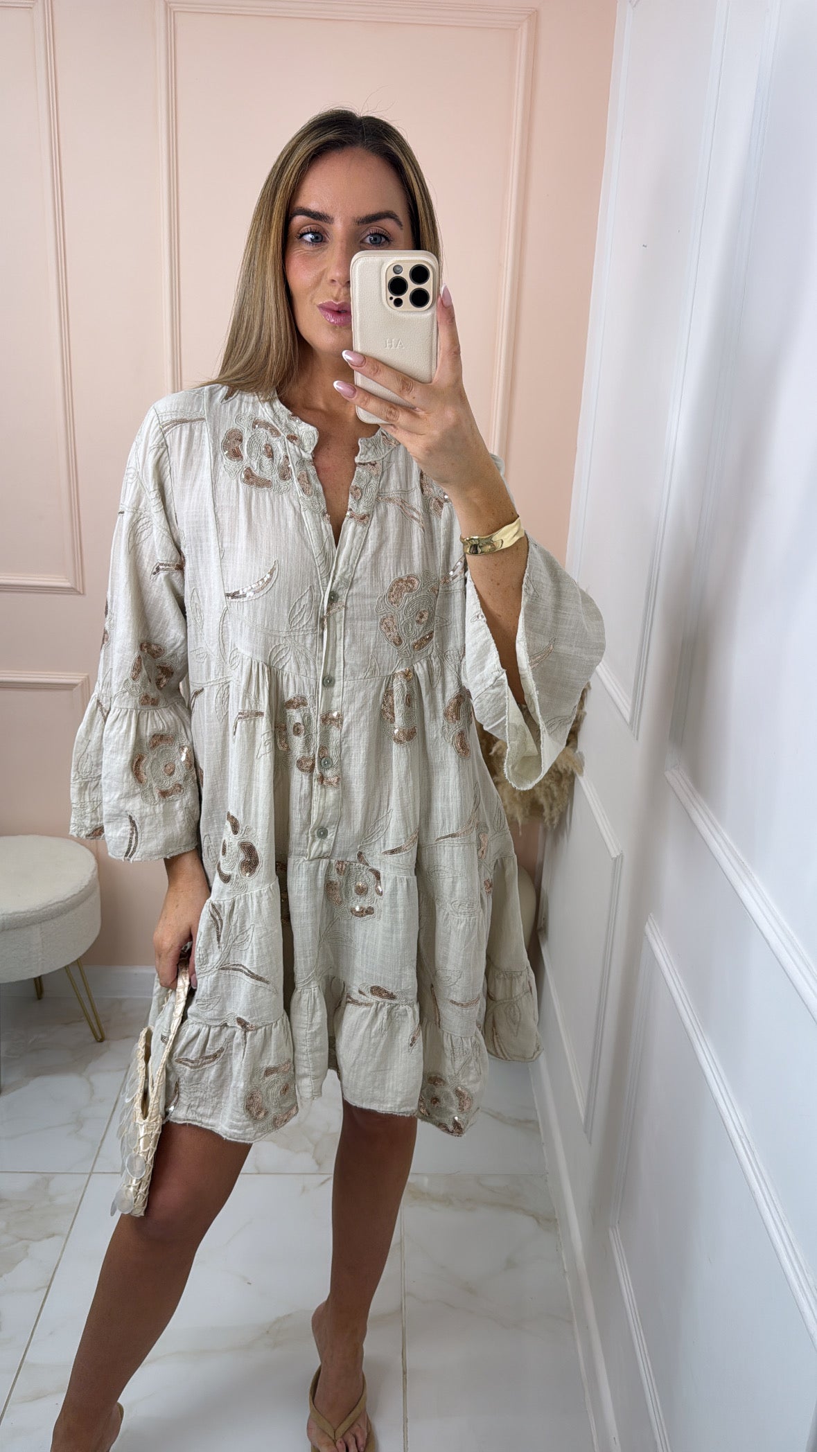MELODY beige sequin embroidered smock dress