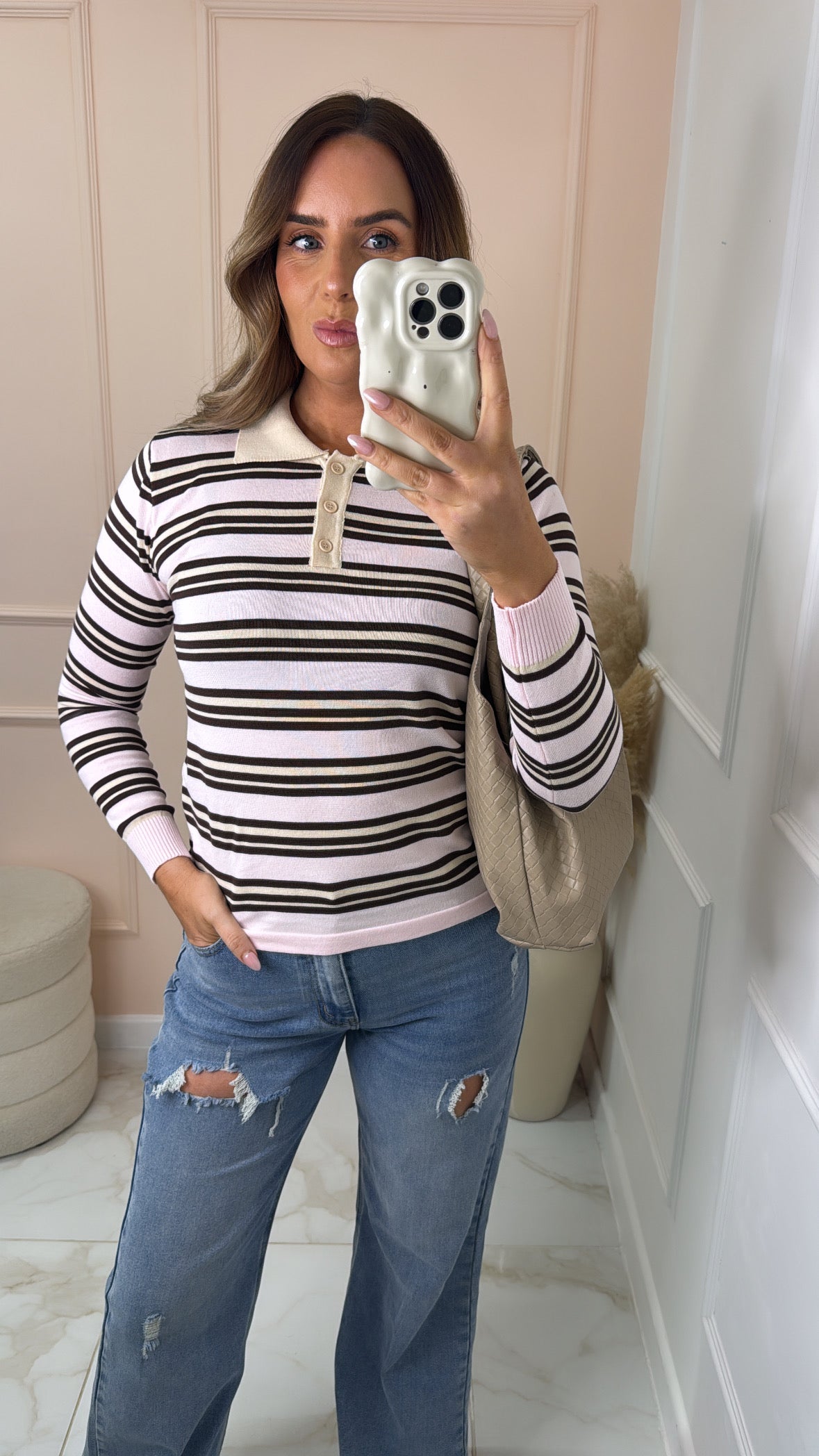 ALICE pink striped collared knit jumper