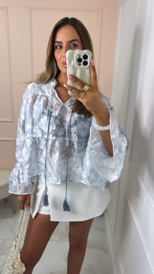 HARPER blue textured frill cuff blouse
