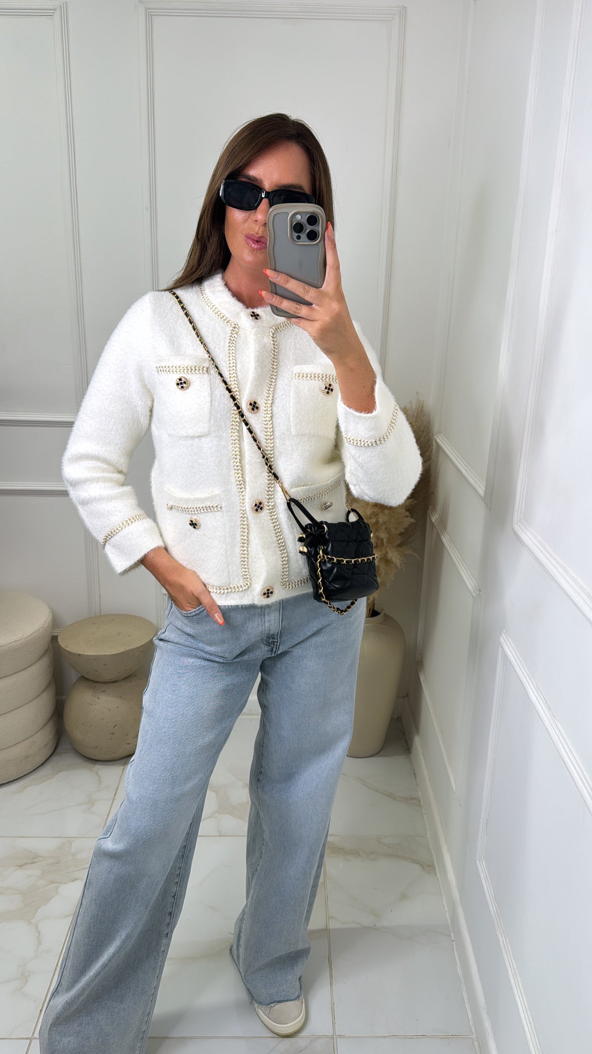 LUCY white gold trim fuzzy knit cardigan