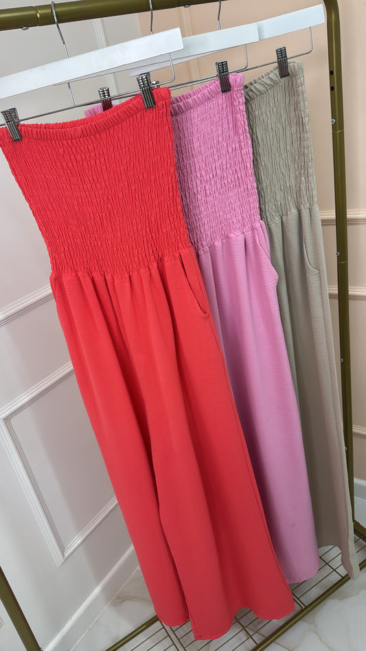 LIBBY coral shirred floaty bandeau jumpsuit