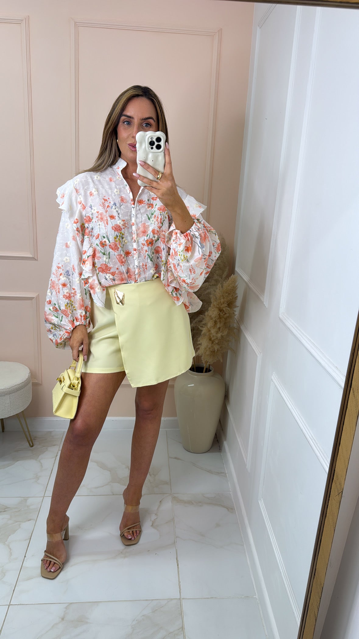 MARNIE peach floral ruffle embroidered blouse