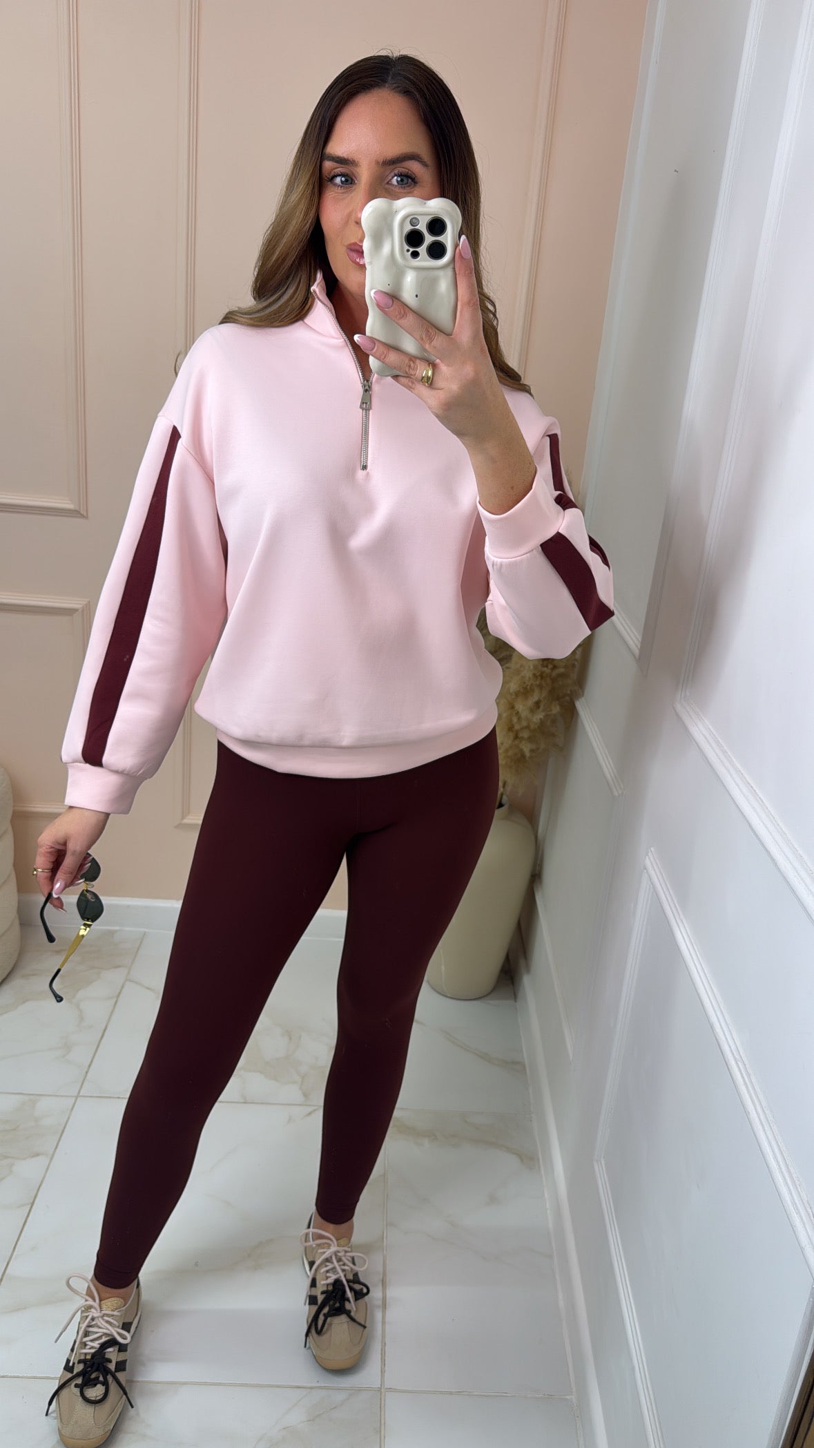 HATTIE pink & burgundy stripe half zip sweatshirt