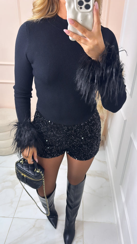 COCO black fine knit fur cuff jumper