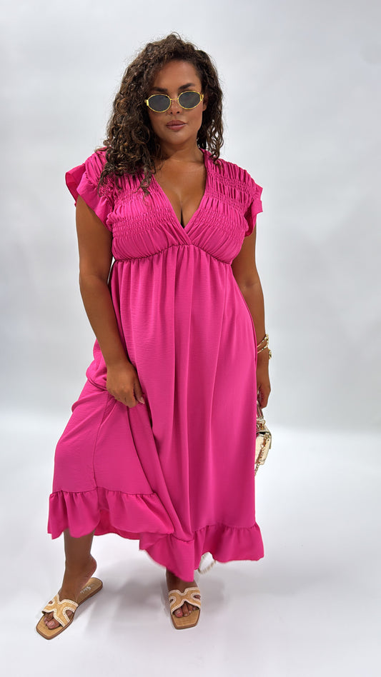 IMOGEN pink frill sleeve maxi dress