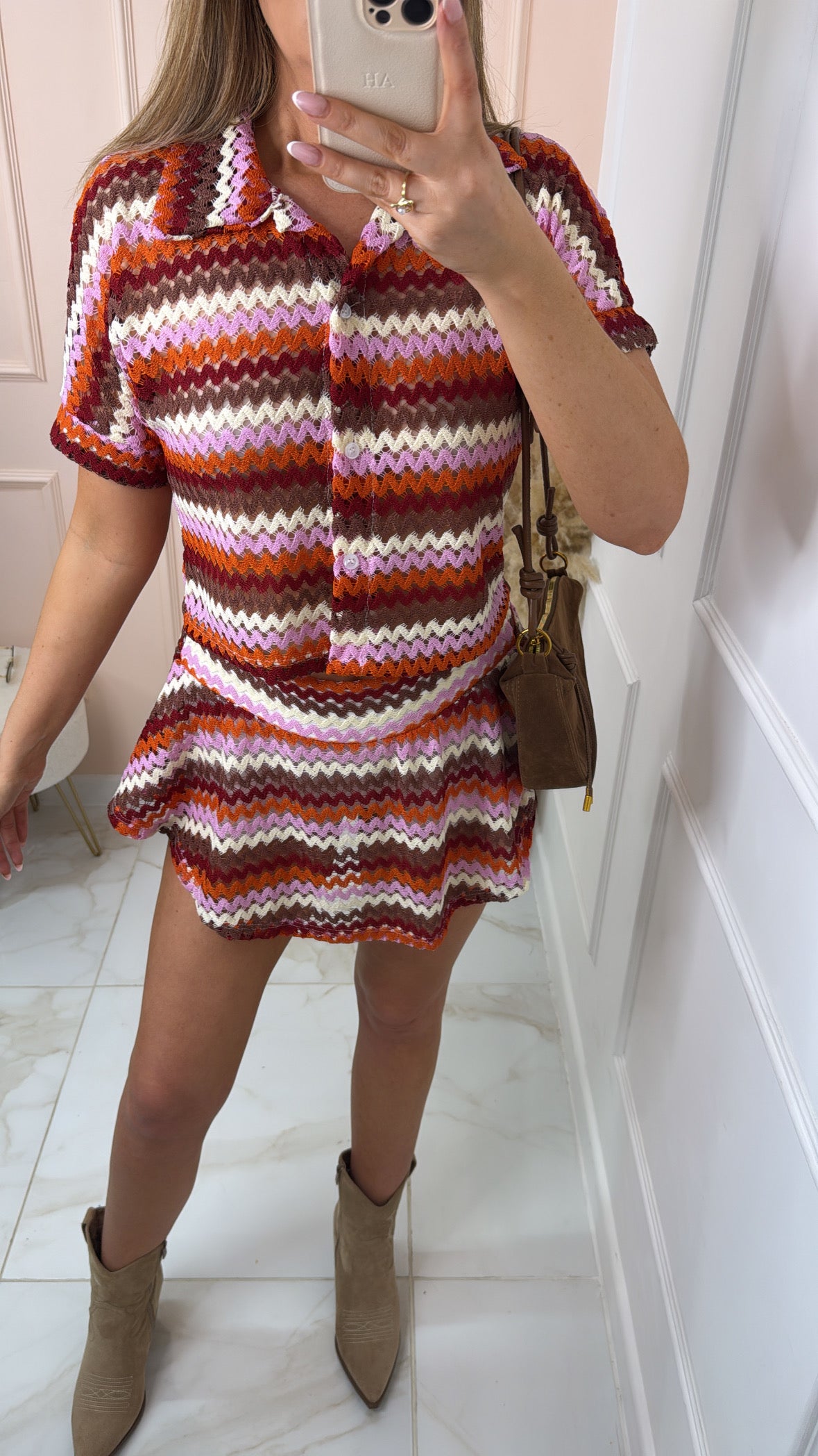 HATTIE red multi zig zag collared skort set