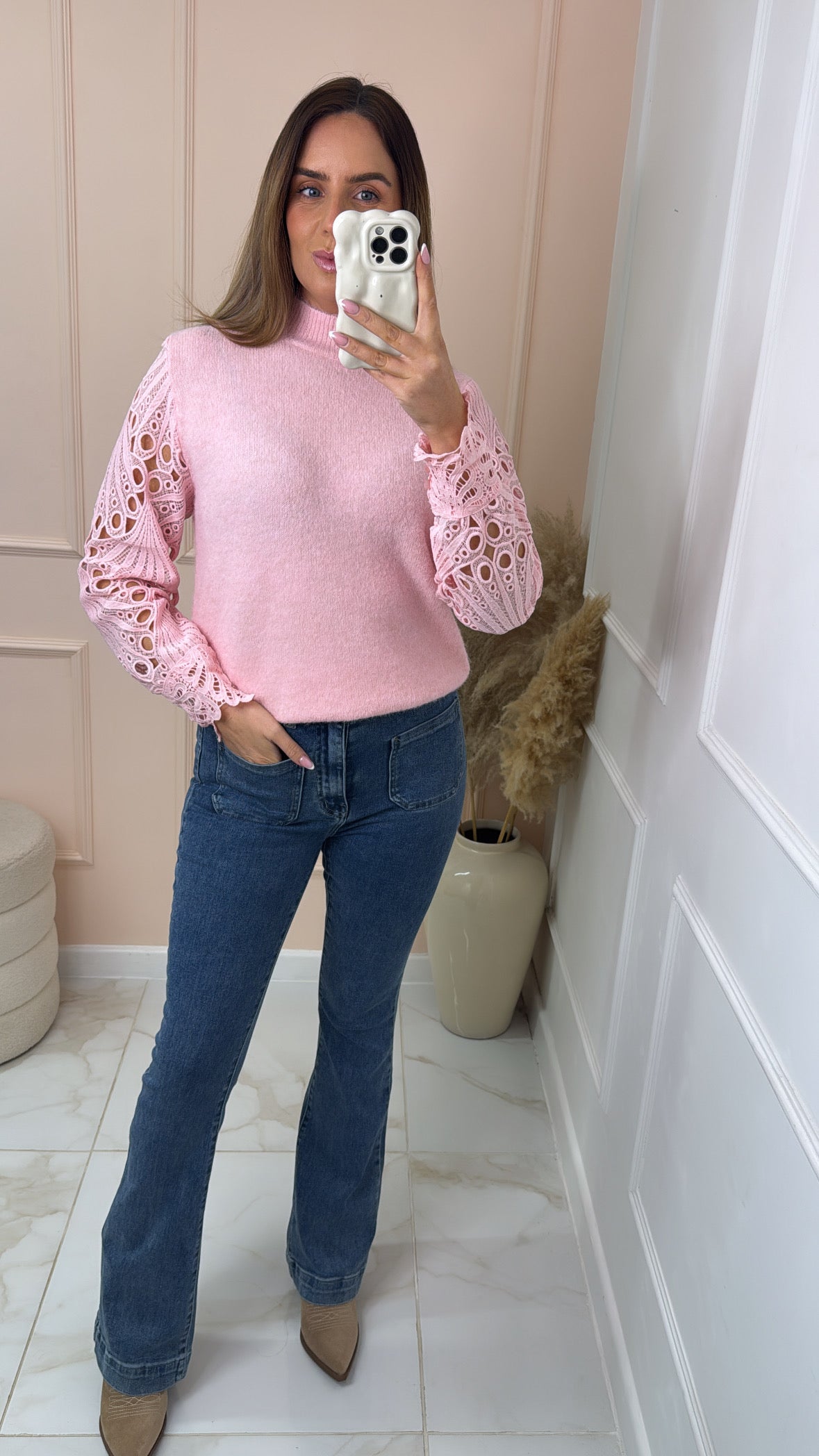 ROBERTA pink crochet sleeve jumper