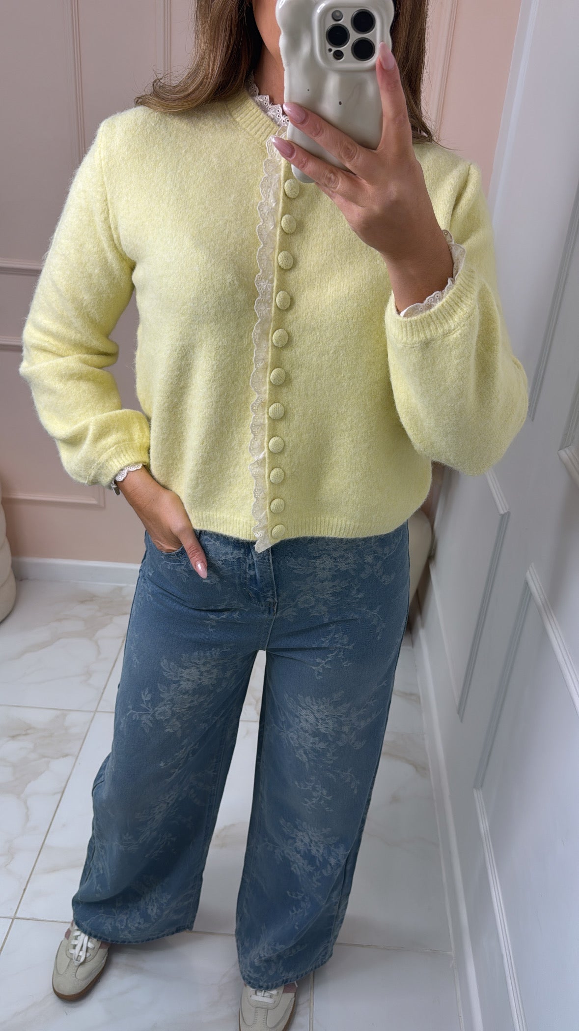 FINLEY lemon broderie trim cardigan
