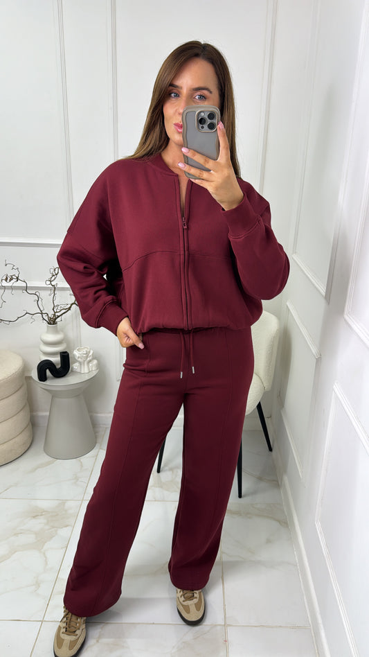 NINA burgundy bomber zip front lounge set