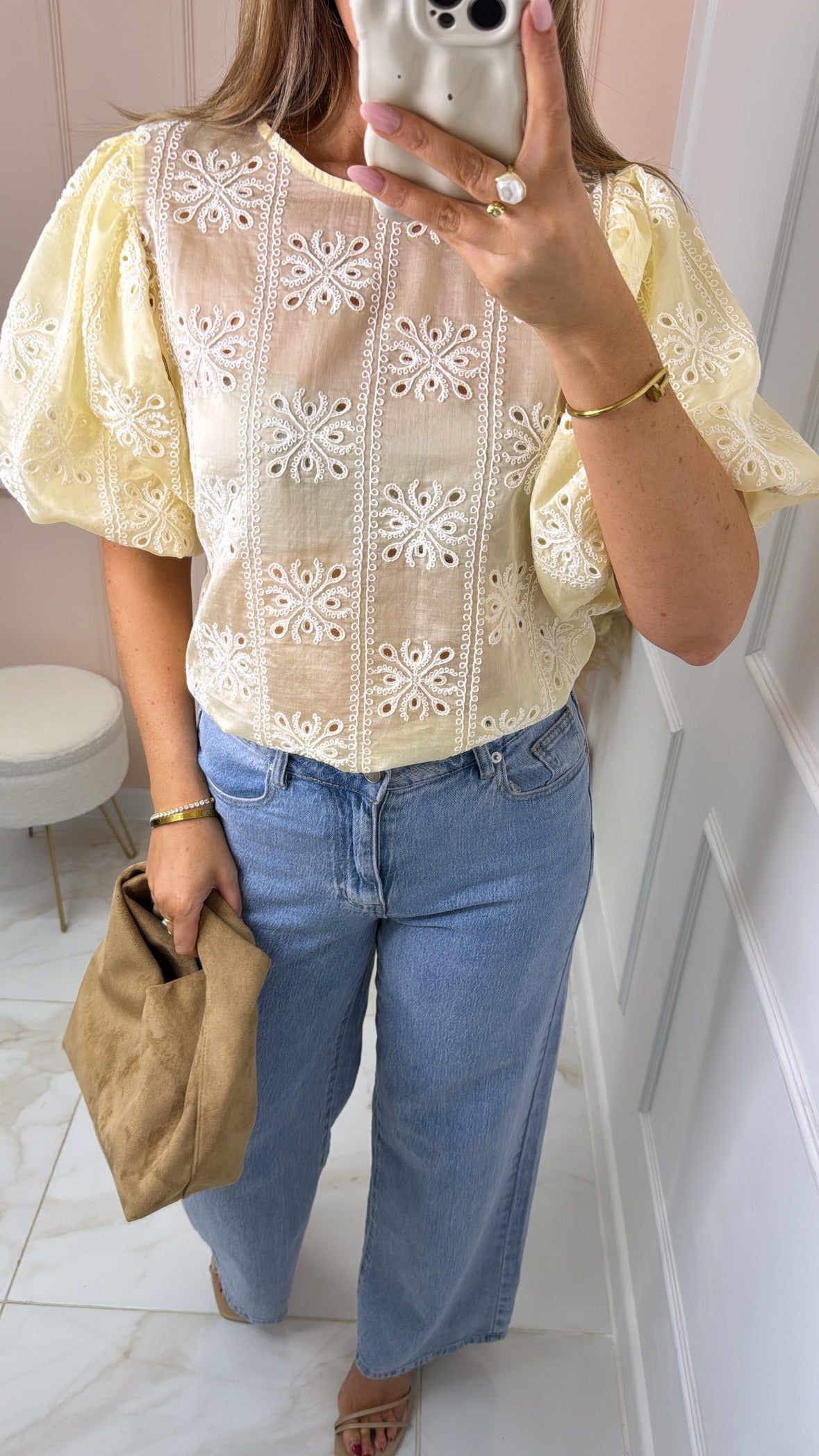 JONIE lemon embroidered puff sleeve top