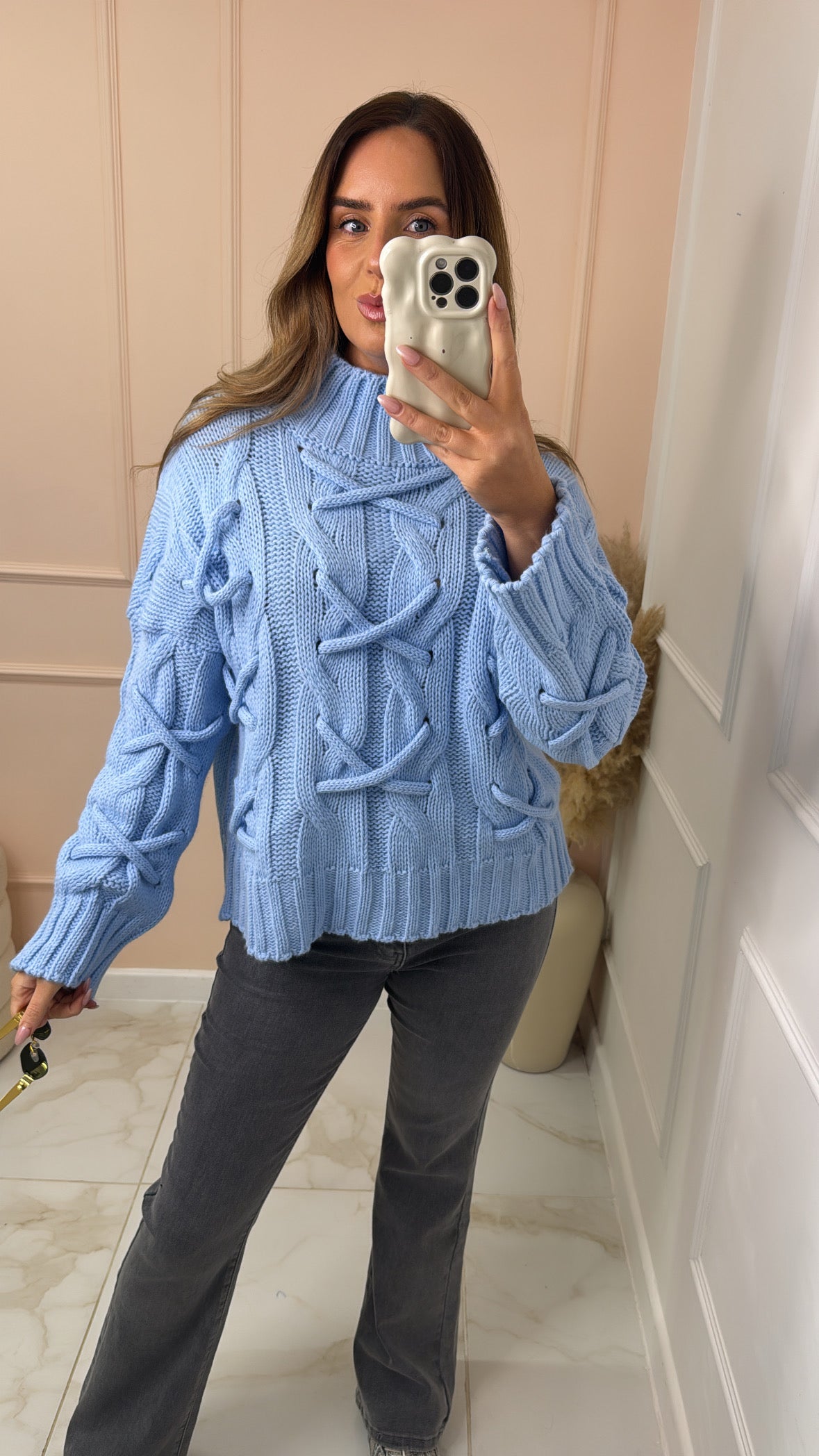 MEADOW blue crisscross cable knit jumper