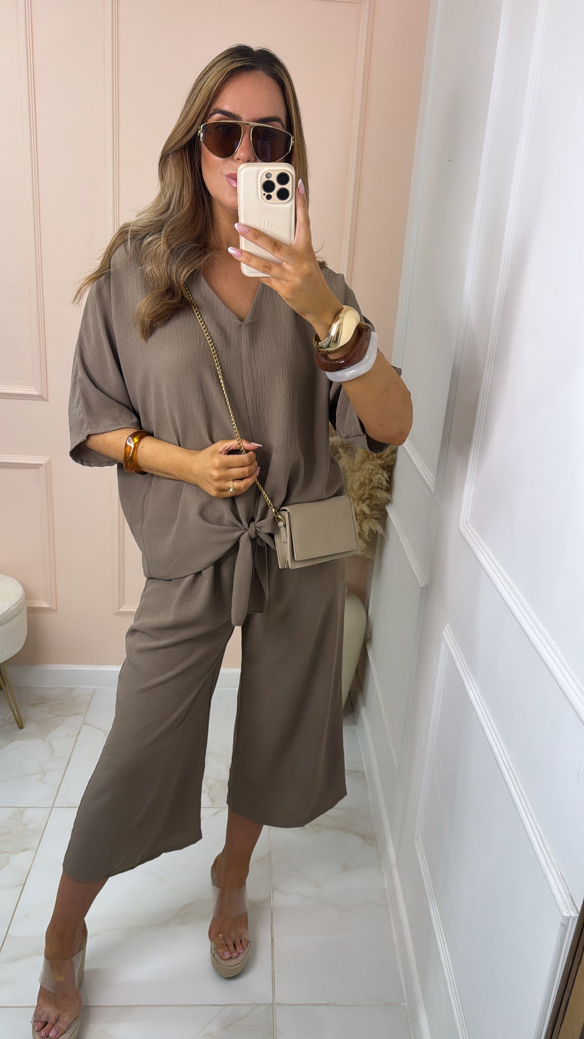 MAEVE mocha tie front relaxed trouser set