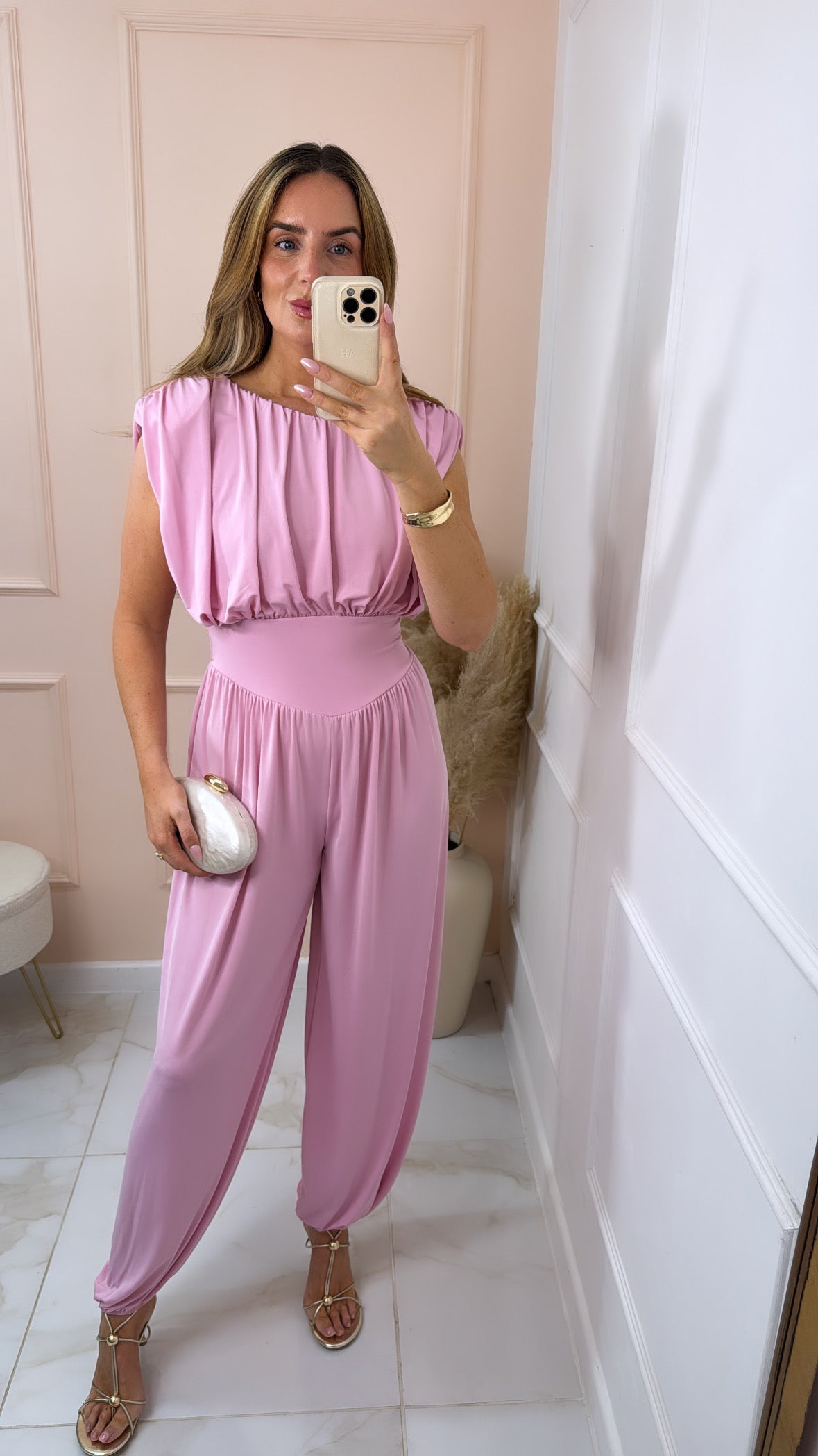 LUCY pink shoulder pad jumpsuit