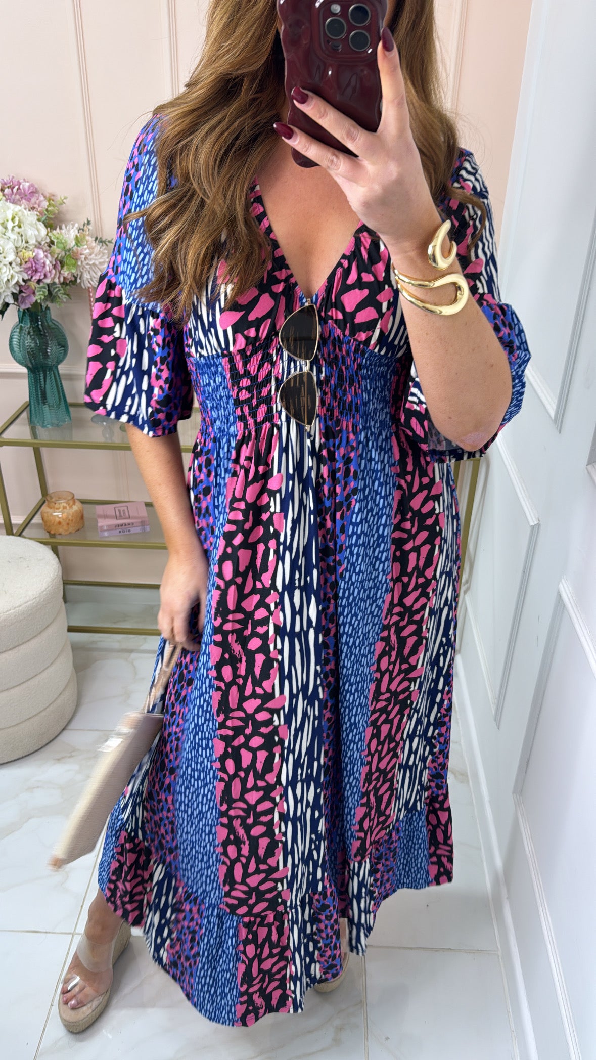 JUNA blue & pink leopard shirred waist midi dress