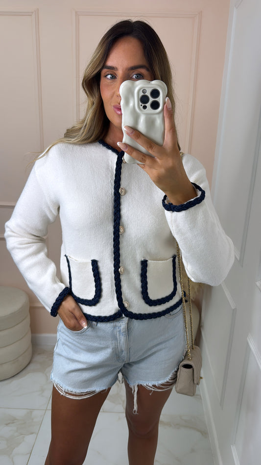 RUBY cream & navy button detail cardigan