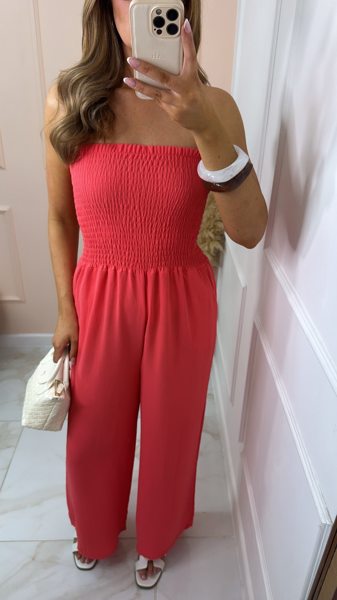 LIBBY coral shirred floaty bandeau jumpsuit