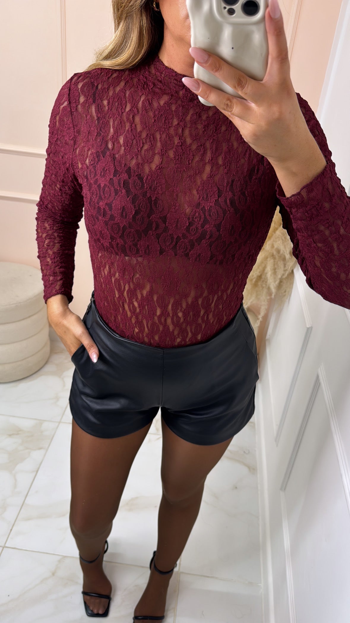 LILLIE burgundy lace open back bow bodysuit