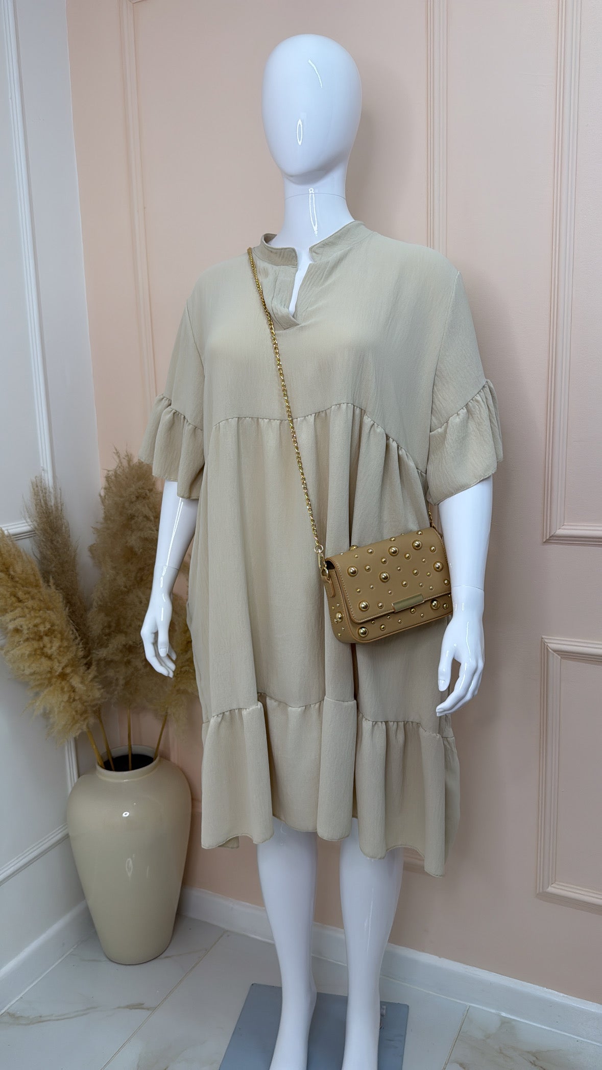 DARCY beige tiered smock dress