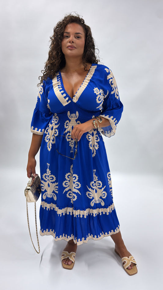 BRODIE blue printed shirred maxi dress