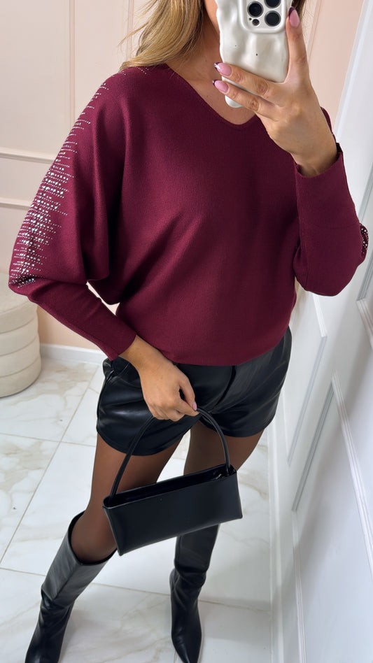 BROOKE wine embellished detail v neck jumper