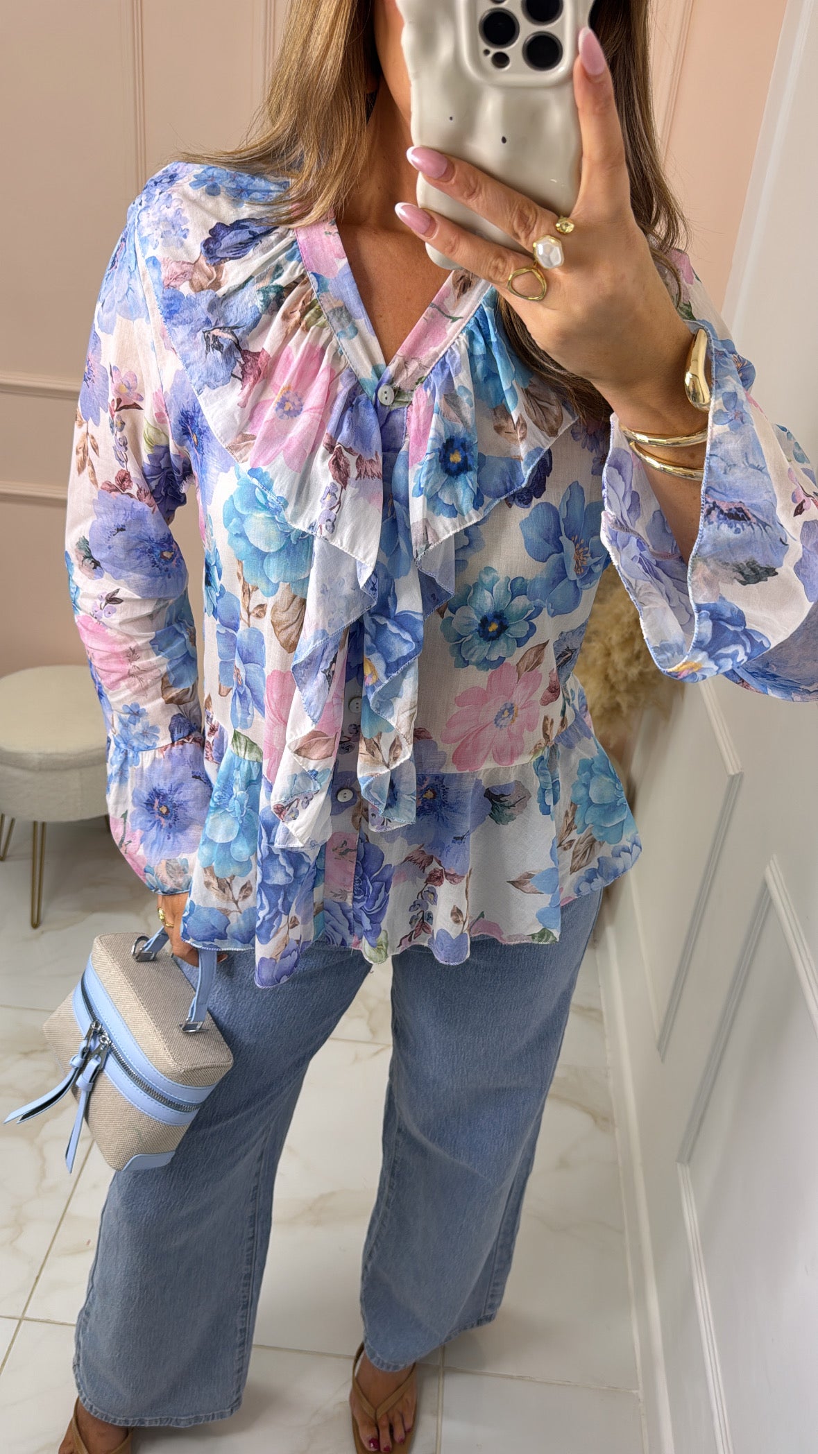 LYLA blue floral ruffle blouse