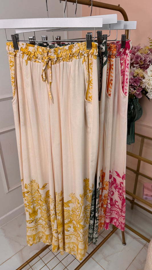 ADDISON yellow printed wide leg trousers
