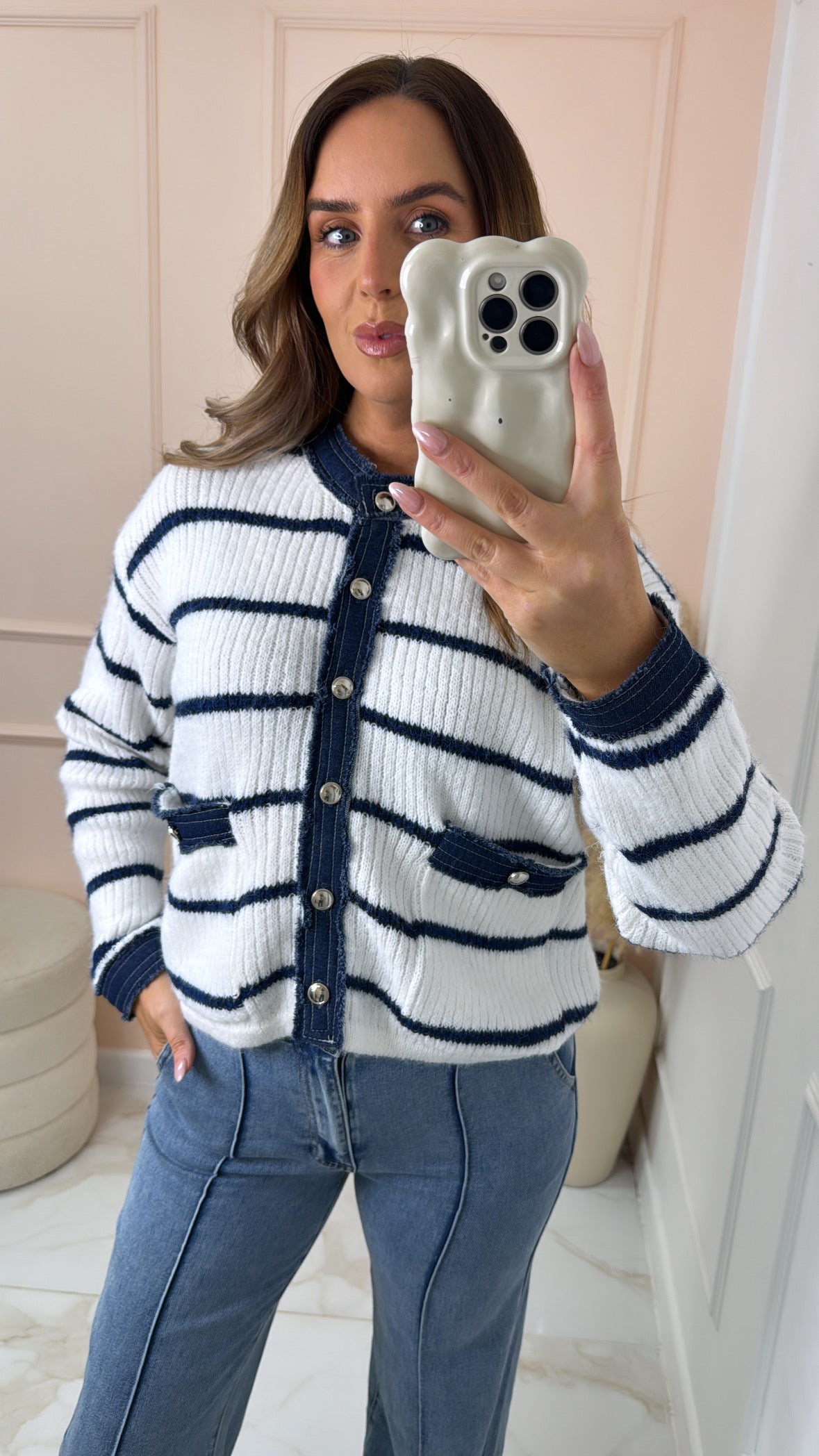 THEA cream denim detail stripe cardigan